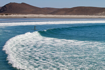 A male paddles out into the water on the Baja Peninsula. Mexico