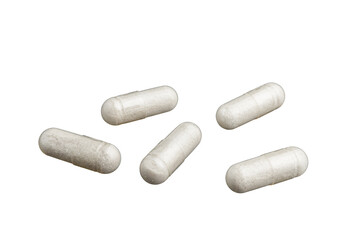 White medical capsules or pills for treatment isolated on transparent background, medicine and healthcare concept, close-up view