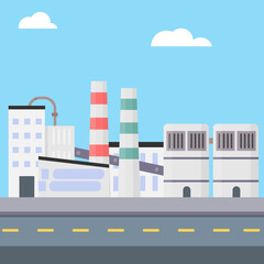 The industrial factory stands near the road. Outside view. Modern manufacturing building. Eco factory concept. Non-pollution technology. City landscape. Flat vector illustration isolated