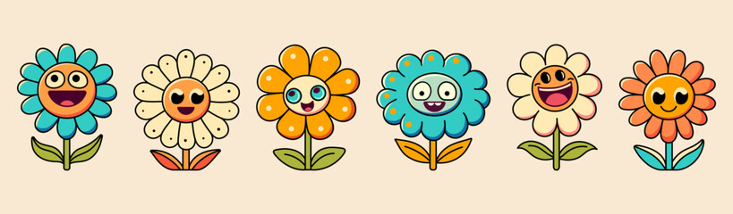 Retro flower groovy sticker ,vector cute cartoon character with smiley face, funny hippy daisy flower