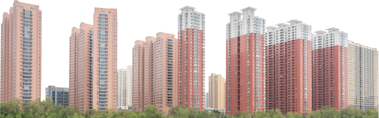Isolated PNG cutout of a modern cityscape on a transparent background, ideal for photobashing, matte-painting, concept art