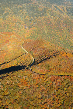 Aerial view of the Blue Ridge Parkway in fall colors at Craggy Gardens north of Asheville, NC