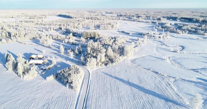 An aerial view of a frosty rural landscape on a winter day in Estonia, Northern Europe
