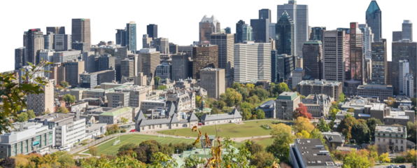 Isolated PNG cutout of a modern cityscape on a transparent background, ideal for photobashing, matte-painting, concept art