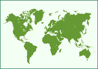 Green World map vector, isolated on white background. Flat Earth, gray map template for web site pattern, Globe similar worldmap icon. Travel worldwide, map silhouette backdrop