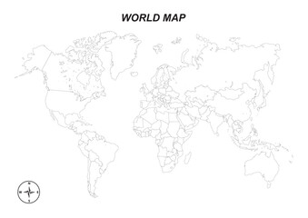 Fototapeta na wymiar World simple outline blank map - Vector outline of the world (with country borders) 