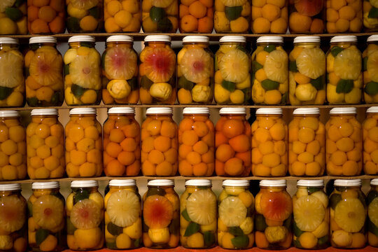 Canned fruit for sale is displayed along a road in Nuevo Leon, Chiapas, Mexico