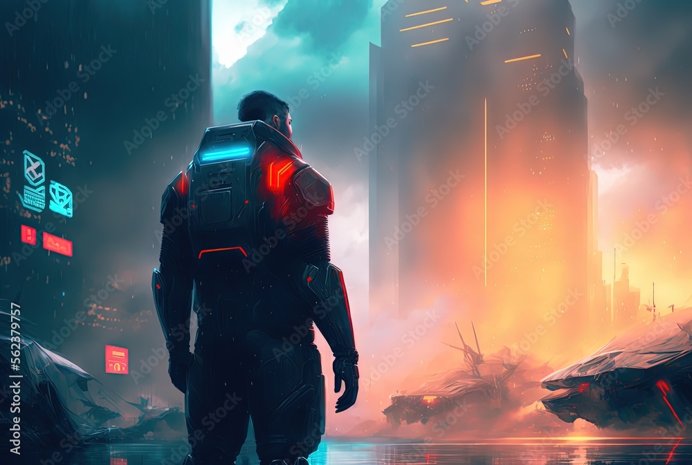 Wall mural an astronaut in spacesuit stand in front of big building background, idea for sci-fi cyber punk them