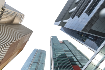 Isolated PNG cutout of a modern cityscape on a transparent background, ideal for photobashing, matte-painting, concept art