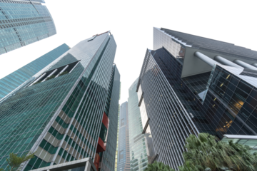Isolated PNG cutout of a modern cityscape on a transparent background, ideal for photobashing, matte-painting, concept art