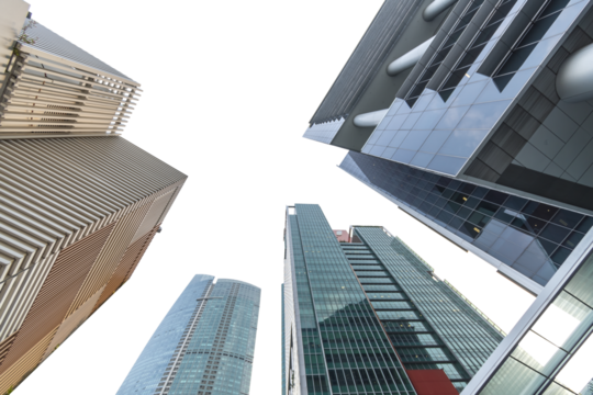 Isolated PNG cutout of a modern cityscape on a transparent background, ideal for photobashing, matte-painting, concept art