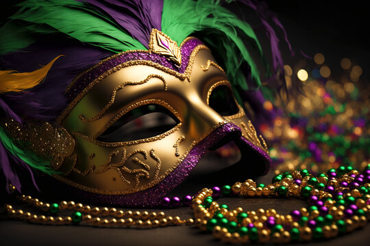 Carnival mask with colorful bead chain. Mardi gras background. Illustration, Generative AI