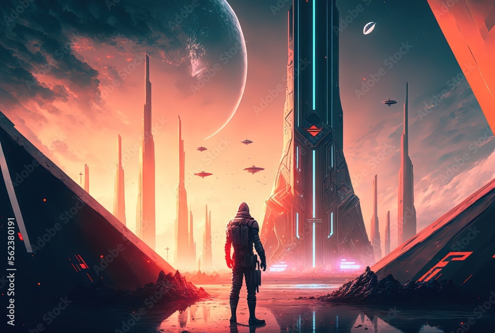 Wall mural an astronaut in spacesuit stand in front of big building background, idea for sci-fi cyber punk them