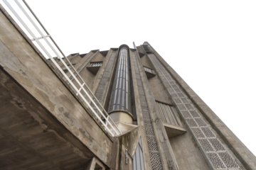 Isolated PNG cutout of a brutalist church on a transparent background, ideal for photobashing, matte-painting, concept art