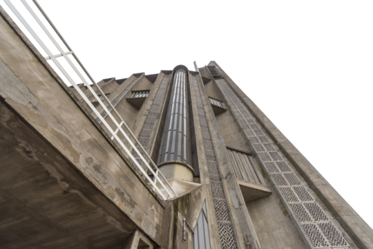 Isolated PNG cutout of a brutalist church on a transparent background, ideal for photobashing, matte-painting, concept art