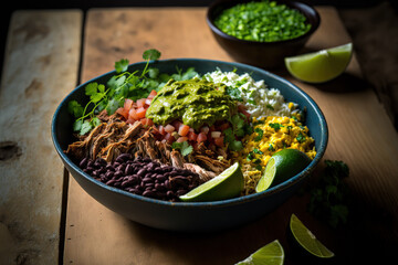 Cilantro and guacamole in a healthy homemade Mexican carnitas burrito bowl. Generative AI - obrazy, fototapety, plakaty