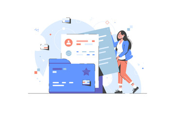 Documentation management vector concept. Schedule. Personal productivity and task management. Business woman holds documents folder, icons set. newsletter.
