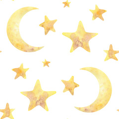 The moon and stars are yellow on a white background. Watercolor illustration. Seamless pattern from the BAMBOO collection. For decoration and design of fabrics, wallpaper, textiles, packaging paper