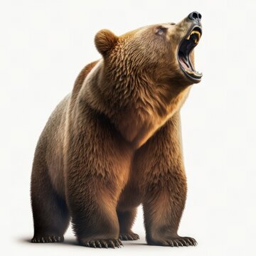 Roaring brown grizzly bear isolated on a white background