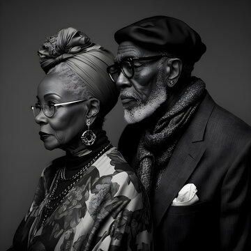 Fashion photography black and white of black old couple for black month history, valentine's day, magazine cover, made with Generative AI 