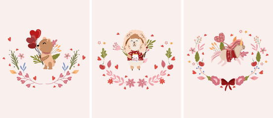 Beautiful compositions with flower wreaths and a cute bear holding balloons, a ram in love, a unicorn. Bright illustrations for greeting cards, posters, banners. Vector.