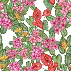 Gordijnen Watercolor seamless pattern with tropical flowers. Beautiful allover print with hand drawn exotic plants. Swimwear botanical design.  © Natallia Novik