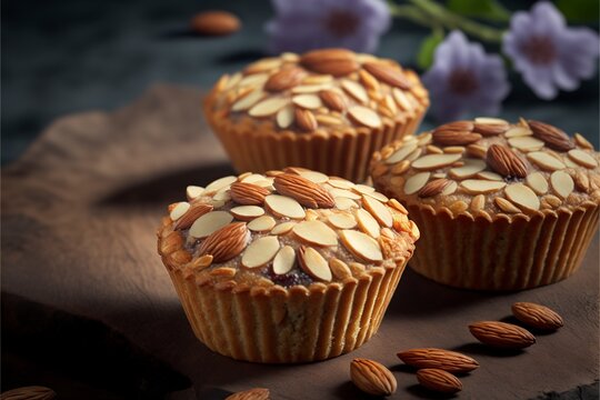 image of Gluten Free Almond Muffins topped with sliced walnuts. generative AI