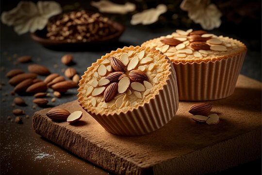 image of Gluten Free Almond Muffins topped with sliced walnuts. generative AI