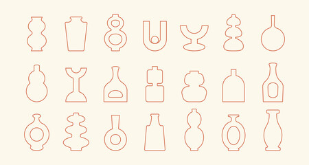 Outline vases set. Abstract linear pottery icons for logo, posters, minimal bowl jar shapes. Vector illustration - obrazy, fototapety, plakaty