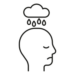 Head profile with cry, bad mental health and mood, line icon. Face with rain cloud. Sadness, despair mind, psychology. Vector