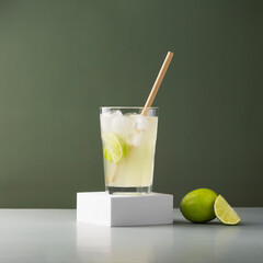 Citrus lemonade with lime, selective focus. Summer refreshing lemonade drink or alcoholic cocktail with and lime. Cold Mojito cocktail.