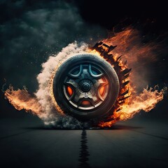a wheel tire burning in flames caused by high speed friction against the floor, Generative AI