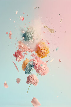 Fototapeta Cloud creative love concept of fresh Spring flowers in the sky background. Love, happy Valentine's Day an exploding bouquet. Pastel blue background. Illustration. Generative AI.