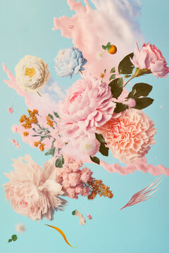 Fototapeta Cloud creative love concept of fresh Spring flowers in the sky background. Love, happy Valentine's Day an exploding bouquet. Pastel blue background. Illustration. Generative AI.