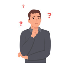 Young man cartoon character Confused thinking about problem solution hand on chin. Unhappy man in puzzled expression . Flat vector illustration isolated on white background