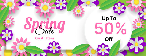 spring sale banner with flowers and leaves. seasonal business promotion background design. vector illustration