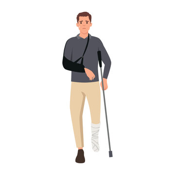 Young Sad man with a broken arm and leg in a cast with a crutch and a fixing collar around his neck. Fracture limb. Injury. Flat vector illustration isolated on white background