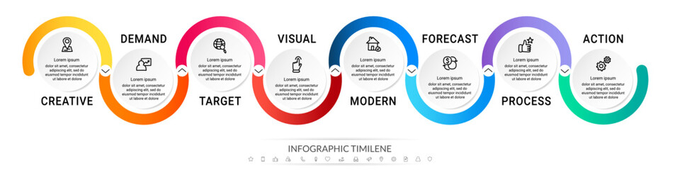 Business vector infographic design template. Circle timeline with icons and 8 eight arrows or steps. Used for process diagram, presentations, workflow layout, info graph, banner, flow chart