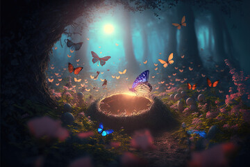 Obraz premium A fairy tale illustrated forest landscape, small hidden oasis full of flowers where colorful butterflies live. The sun rays passing through the branches of tall tree. Illustration. Generative AI.