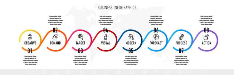 Vector line infographics with 8 circles. Business concept graphic process template with eight steps. Graphic timeline for app, website, interface, chart, levels, web, diagram, banner, presentations