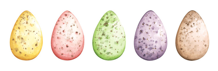 Happy Easter. Watercolor set of hand drawn colored Easter eggs. Design elements for holiday cards. Easter collection with different color.