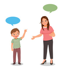 Young woman talking to cute little boy having conversation with speech bubbles