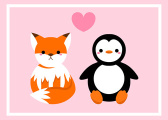 Cute valentines day card with penguin and fox in cartoon style. For print, postcards, posters.