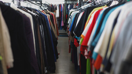 Fashionable and vintage second hand clothes rail in store.