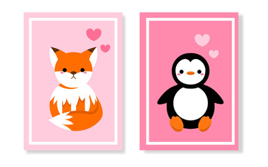 A set of cute Valentine's Day cards with a penguin and a fox in cartoon style. For print, postcards, posters.