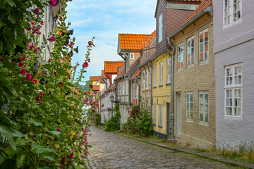 Fototapeta na wymiar Narrow cobblestone alley with small historic residential houses and planted flowers on the facades in the old town of Flensburg, Germany, tourist destination