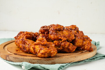Korean chicken in spicy sauce, chicken fillet deep fried in spicy sauce and served on a wooden board, white table.