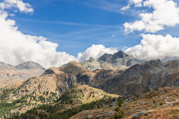 Numerous mountain peaks replace each other to horizon, partly covered with rare trees and withered autumn vegetation in Gran Paradiso National Park. Aosta Valley, Italy