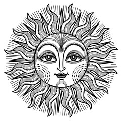 Antique sun with face. Vector sun hand drawn vintage illustration on white background with design elements for print , coloring book or tattoo