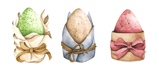 Happy Easter. Watercolor set of hand drawn colored Easter eggs. Isolated on white background. Design elements for holiday cards. Easter collection with different color.